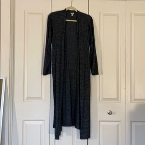 Long dark gray tie closure cardigan